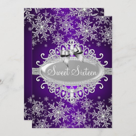 Flocon de neige mauve argenté doux 16 Invitation (Devant / Derrière)