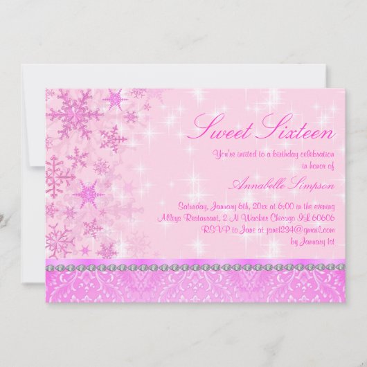 Flocon de neige rose Sweet16 Invitation (Devant)