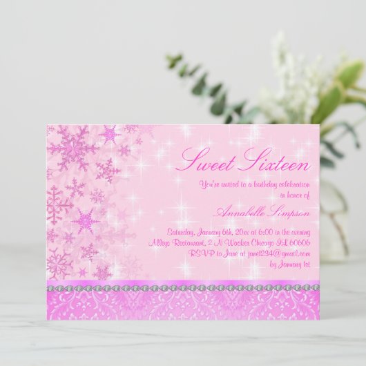 Flocon de neige rose Sweet16 Invitation (Debout devant)