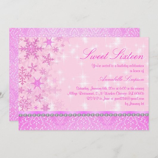 Flocon de neige rose Sweet16 Invitation (Devant / Derrière)