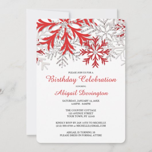 Flocon de neige Rouge Argent hiver Invitations d'a (Devant)