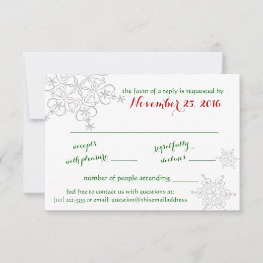 Flocon de neige rouge avec mariage hiver vert RSVP (Devant)