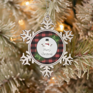 Flocon De Neige Snowman Red Buffalo Plaid Snowflake Ornement
