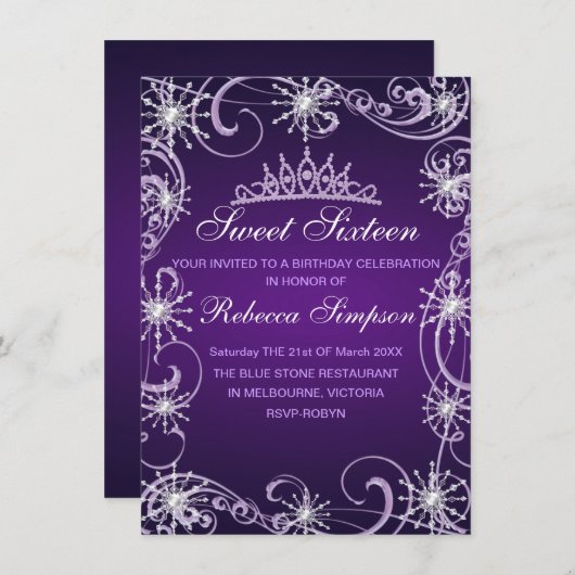 Flocon de neige violet Shimmer Invitation d'annive (Devant / Derrière)