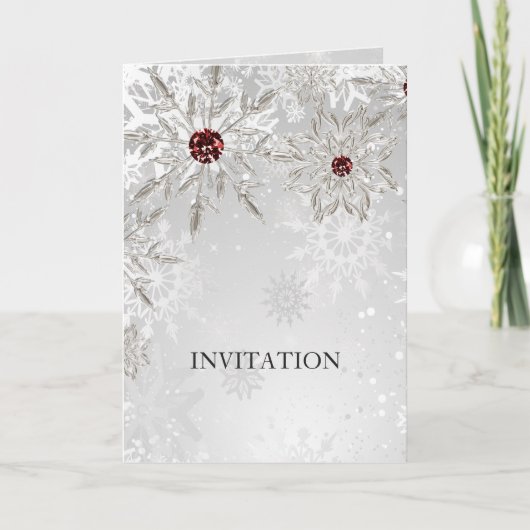 flocon rouge argent invitation de mariage d'hiver (Devant)