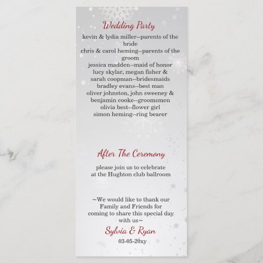 flocon rouge argent programmes de mariage d'hiver (Dos)