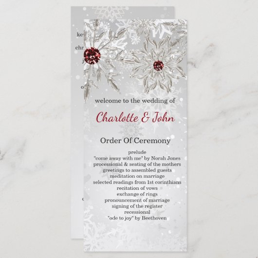 flocon rouge argent programmes de mariage d'hiver (Devant / Derrière)
