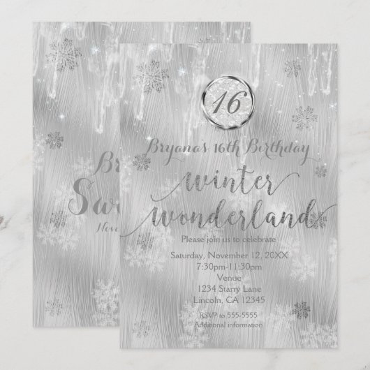 Flocons de neige blancs argentés Invitations d'hiv (Devant / Derrière)