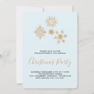 Flocons de neige en or sur fond bleu, invitation f
