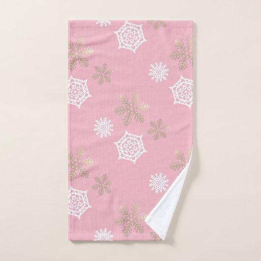 flocons dorés et blancs contre rose pâle (Serviette à main)