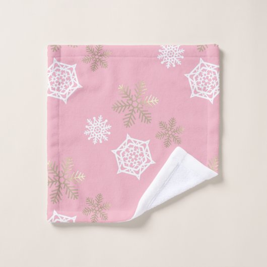 flocons dorés et blancs contre rose pâle (Gant de toilette)