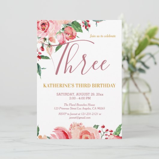 Flora Blush Roze Goud Waterverf Verjaardag Kaart (Staand voorkant)