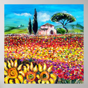 FLORA IN TOSCAANSE Velden ,Klaprozen en Zonnebloem Poster