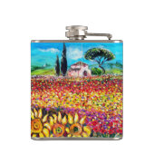 FLORA IN TUSCANY/Fields, papavers en zonnebloemen Heupfles (Achterkant)