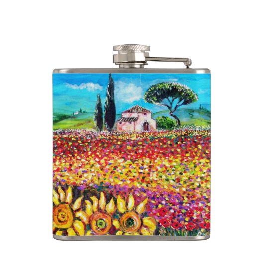 FLORA IN TUSCANY/Fields, papavers en zonnebloemen Heupfles (Achterkant)