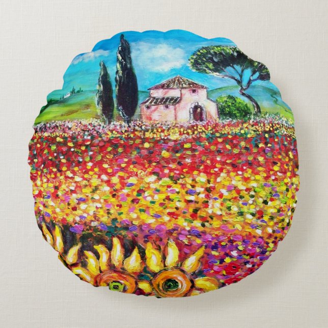 FLORA IN TUSCANY/Fields, papavers en zonnebloemen Rond Kussen (Voorkant)