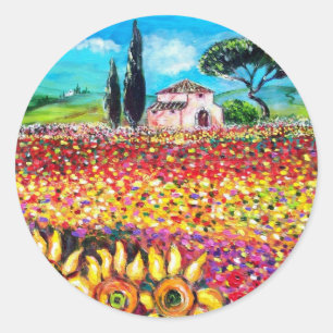 FLORA IN TUSCANY/Fields, papavers en zonnebloemen Ronde Sticker
