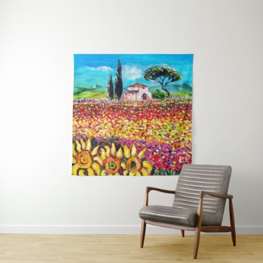 FLORA IN TUSCANY/Fields, papavers en zonnebloemen Wandkleed (In situ)