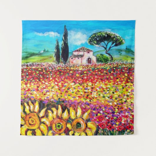 FLORA IN TUSCANY/Fields, papavers en zonnebloemen Wandkleed (Voorkant)