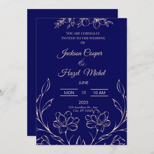 Flora Navy Faire-part de mariage bleu (Devant / Derrière)