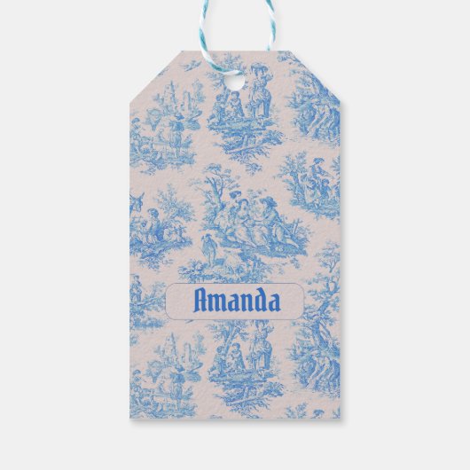  floraal blauw turquoise toile jouy monogram cadeaulabel (Achterkant)