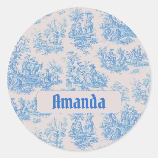  floraal blauw turquoise toile jouy monogram ronde sticker (Voorkant)