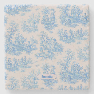  floraal blauw turquoise toile jouy monogram stenen onderzetter