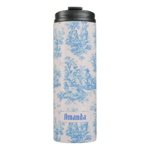 floraal blauw turquoise toile jouy monogram thermosbeker