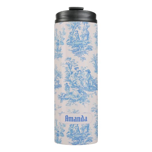 floraal blauw turquoise toile jouy monogram thermosbeker (Voorkant)