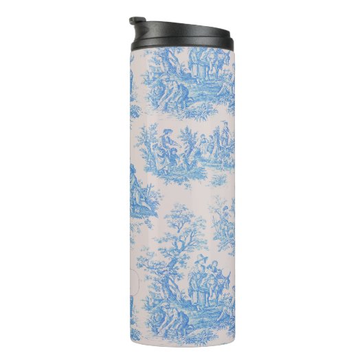 floraal blauw turquoise toile jouy monogram thermosbeker (Geroteerd rechts)