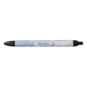 floraal blauw turquoise toile jouy monogram zwarte inkt pen