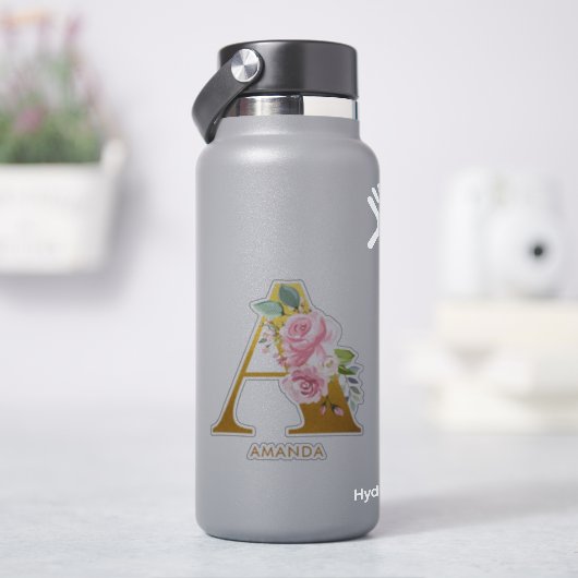 Floraal Monogram Letter A Gegraveerd Sticker (HydroFlask)