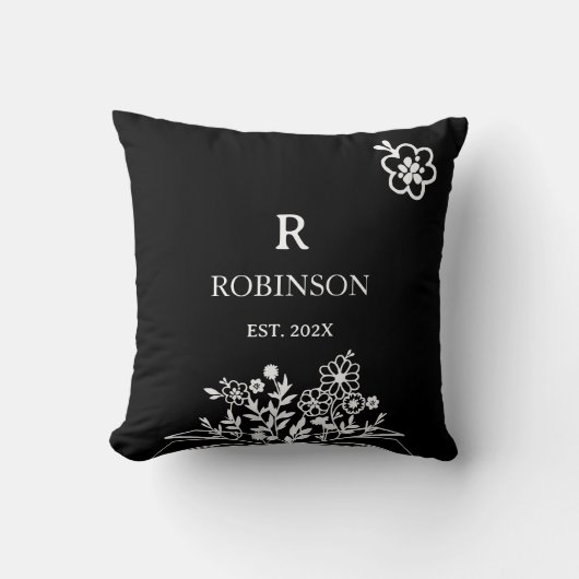 Floraal Monogram Zwart & Wit Aangepaste Initiaal Kussen (Voorkant)