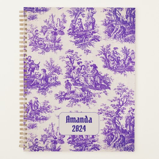  floraal paarse toile de jouy monogram planner (Voorkant)