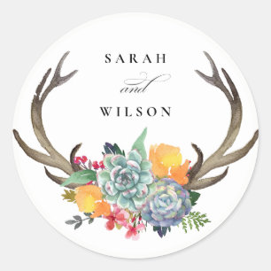 FLORAAL SUCCULENT ANTLER BOHEMIAN ALLURE MONOGRAM RONDE STICKER