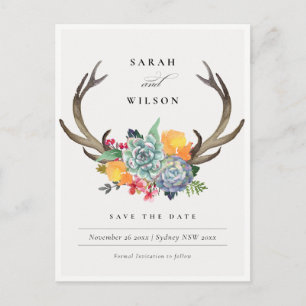 FLORAAL SUCCULENT ANTLER BOHEMIAN BEWAREN DE DATUM BRIEFKAART