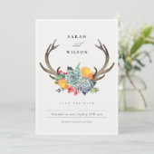 FLORAAL SUCCULENT ANTLER BOHEMIAN BEWAREN DE DATUM SAVE THE DATE (Staand voorkant)