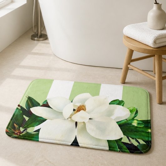 Floraison de Magnolia | Tapis de Bain Rayé Vert et