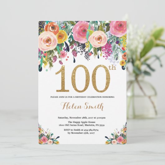 Floral 100e anniversaire Invitation Parties scinti (Debout devant)