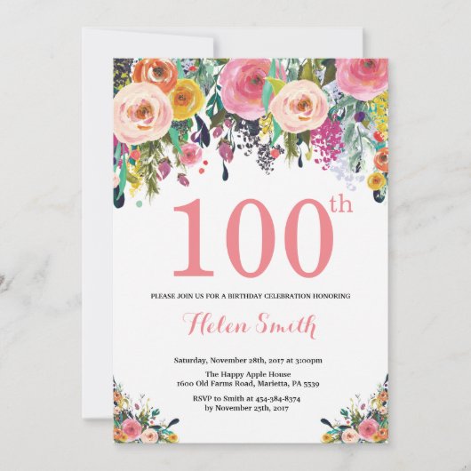 Floral 100e anniversaire Invitation rose (Devant)