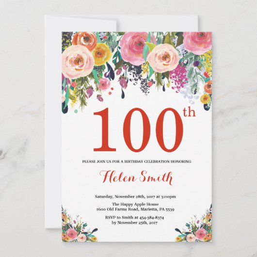 Floral 100e Anniversaire Invitation Rouge (Devant)