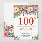 Floral 100e Anniversaire Invitation Rouge (Devant / Derrière)
