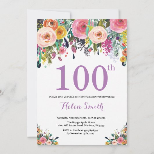 Floral 100e anniversaire Invitation violet (Devant)