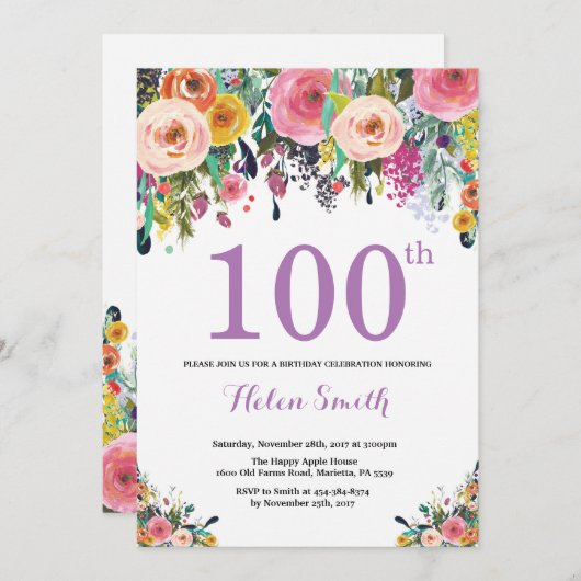 Floral 100e anniversaire Invitation violet (Devant / Derrière)