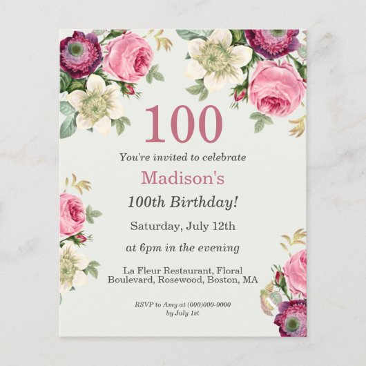 Floral 100e budget verjaardagsuitnodiging (Voorkant)
