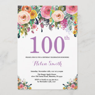 Floral 100ste Verjaardag Uitnodiging Paarse