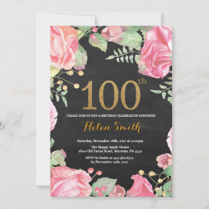 Floral 100th Birthday Invitation Gold Glitter Kaart