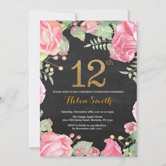 Floral 12e anniversaire Invitation Parties scintil (Devant)