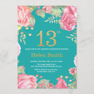 Floral 13th Birthday Gold Glitter en Blauwgroen Kaart