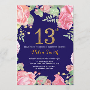 Floral 13th Birthday Gold Glitter Navy Blue Kaart
